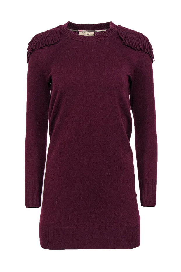 Current Boutique-Burberry - Burgundy Knit Sweater Dress w/ Braided & Tasseled Shoulder Pads Sz XS