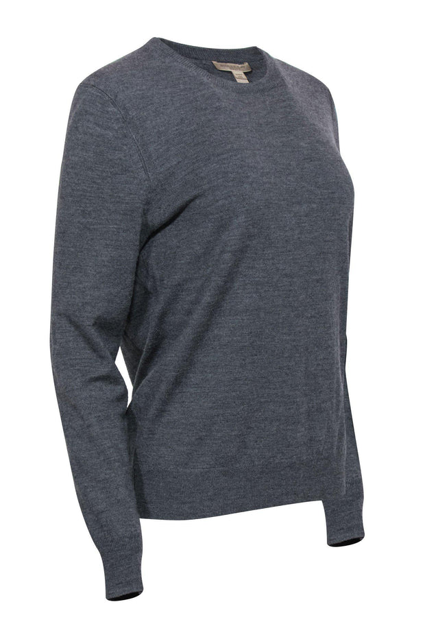 Current Boutique-Burberry - Grey Merino Wool Crewneck Sweater w/ Tartan Elbow Patches Sz M
