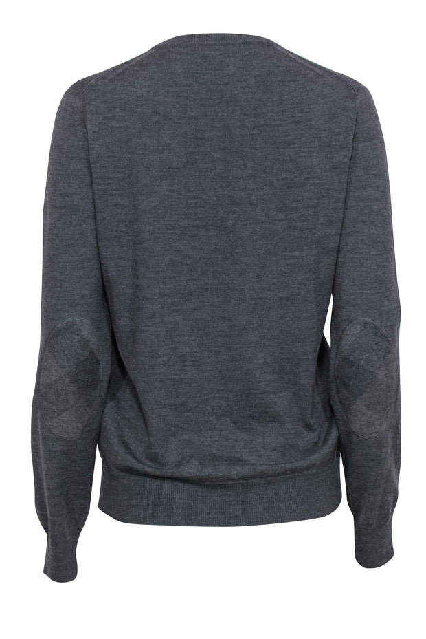Current Boutique-Burberry - Grey Merino Wool Crewneck Sweater w/ Tartan Elbow Patches Sz M