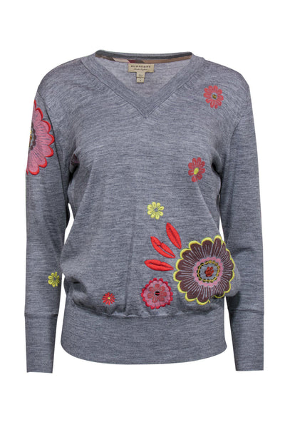 Current Boutique-Burberry - Grey V-Neck Sweater w/ Embroidered Flowers Sz L