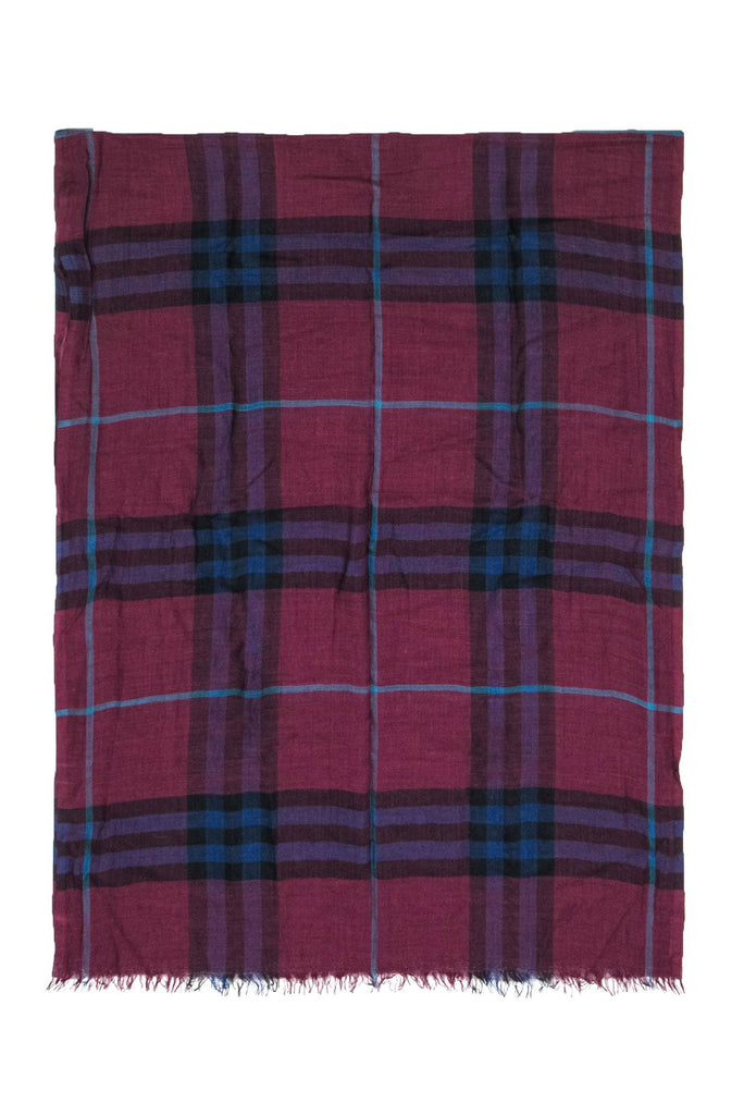 Burberry - Maroon, Navy & Teal Plaid Lightweight Scarf w/ Eyelash