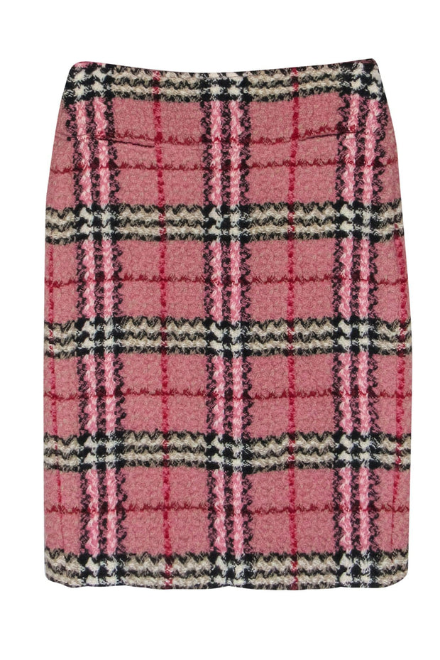 Current Boutique-Burberry - Pink & Red Tartan Print Tweed Wool Pencil Skirt Sz 4