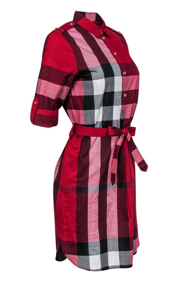 Current Boutique-Burberry - Red, White & Grey Plaid Shift Dress w/ Belt Sz 4