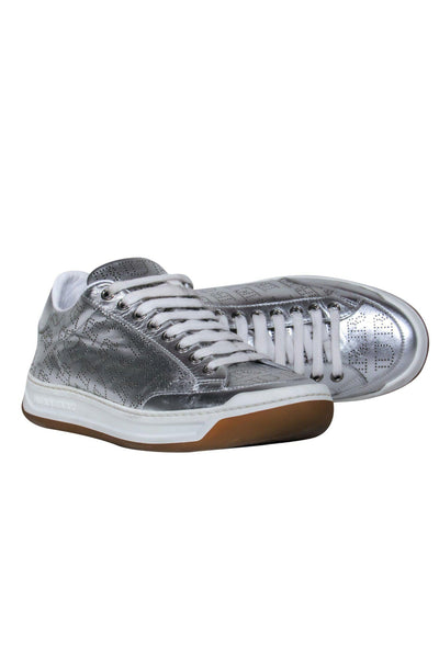 Current Boutique-Burberry - Silver Logo Print Lace-Up Platform Sneakers Sz 8.5