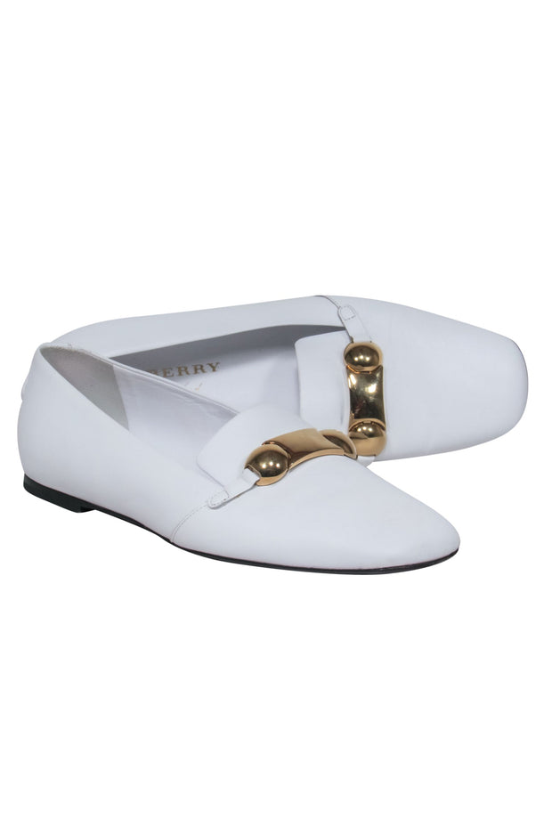 Current Boutique-Burberry - White Leather Loafers w/ Gold Buckle Sz 8