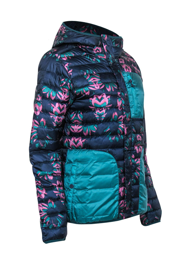 Current Boutique-Burton - Navy, Pink & Teal Floral Print Button-Up Hooded Puffer Jacket Sz M