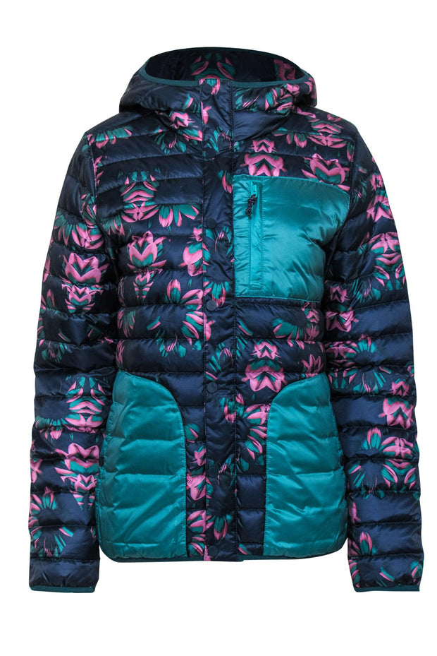 Current Boutique-Burton - Navy, Pink & Teal Floral Print Button-Up Hooded Puffer Jacket Sz M