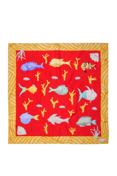 Current Boutique-Bvlgari - Red & Golden Silk Fish Print Scarf