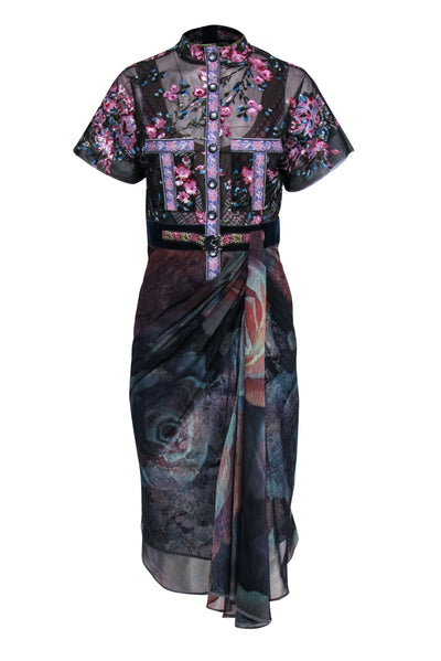 Current Boutique-Byron Lans - Multicolor Sheer Draped Dress w/ Floral Bodice Embroidery Sz 4