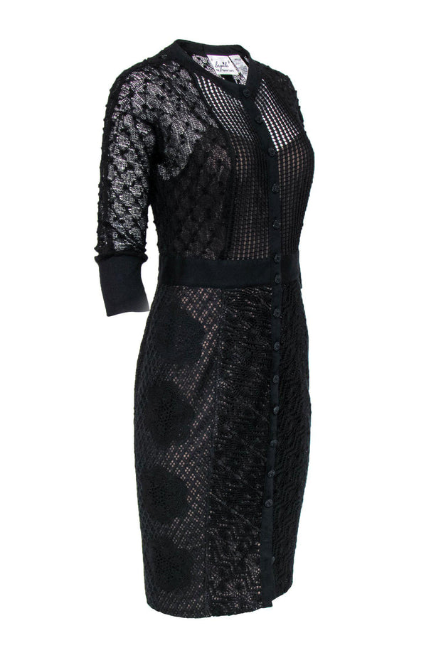 Current Boutique-Byron Lars - Black Lace & Knit Quarter Sleeve Button-Up Sheath Dress Sz 6