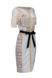 Current Boutique-Byron Lars - Cream Floral Lace Short Sleeve Belted Sheath Dress Sz 6