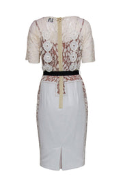 Current Boutique-Byron Lars - Cream Floral Lace Short Sleeve Belted Sheath Dress Sz 6