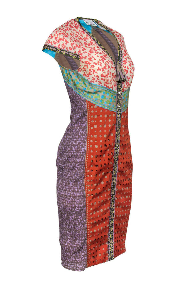 Current Boutique-Byron Lars - Multicolored Cap Sleeve Sheath Dress w/ Cutouts Sz 4