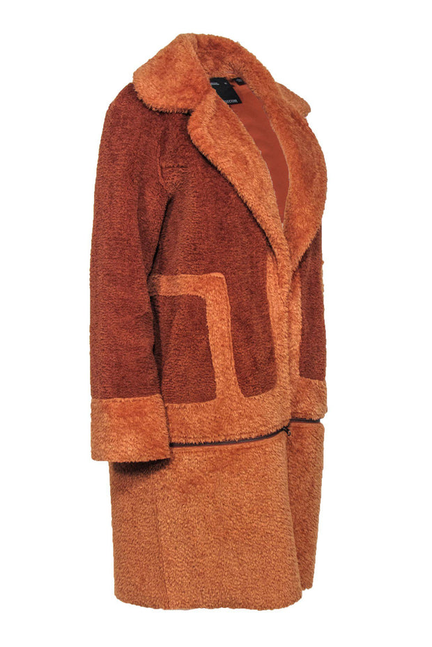 Current Boutique-C/MEO Collective - Caramel Two-Toned Fuzzy Open Longline Coat w/ Zippered Convertible Hem Sz XS