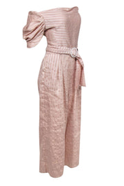 Current Boutique-C/MEO Collective - Pink Striped Puff Sleeve Wide Leg Jumpsuit w/ Belt Sz M