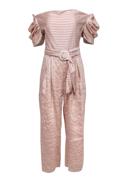 Current Boutique-C/MEO Collective - Pink Striped Puff Sleeve Wide Leg Jumpsuit w/ Belt Sz M