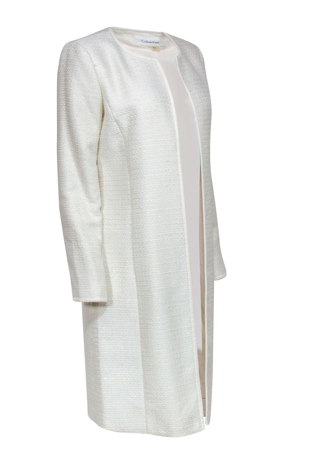 Current Boutique-Calvin Klein - White Tweed Sequin Open Front Longline Coat Sz 8