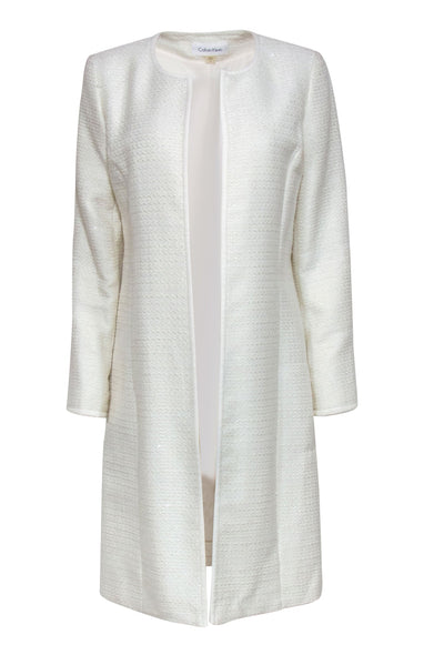Current Boutique-Calvin Klein - White Tweed Sequin Open Front Longline Coat Sz 8