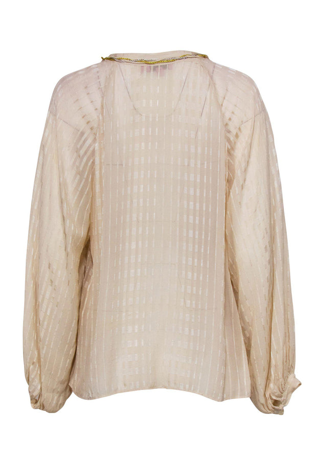 Current Boutique-Calypso - Beige Textured Long Sleeve Silk Blouse w/ Tassels Sz S