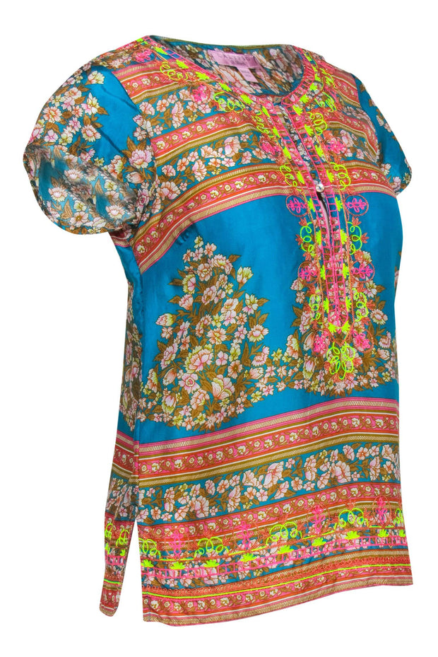 Current Boutique-Calypso - Blue & Multicolor Floral Print Metallic Embroidered Silk Blouse Sz XS