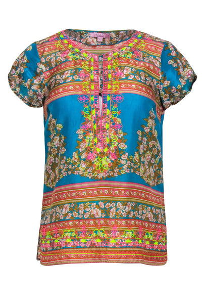 Current Boutique-Calypso - Blue & Multicolor Floral Print Metallic Embroidered Silk Blouse Sz XS