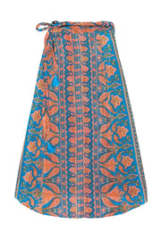 Current Boutique-Calypso - Blue, Orange & Pink Paisley Print Silk Wrap Maxi Skirt Sz XS