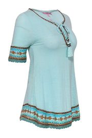Current Boutique-Calypso - Cyan Blue Cotton Embroidered Tee w/ Tie Neck Sz XS