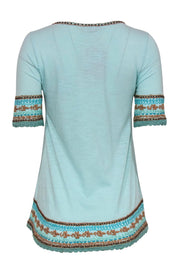 Current Boutique-Calypso - Cyan Blue Cotton Embroidered Tee w/ Tie Neck Sz XS