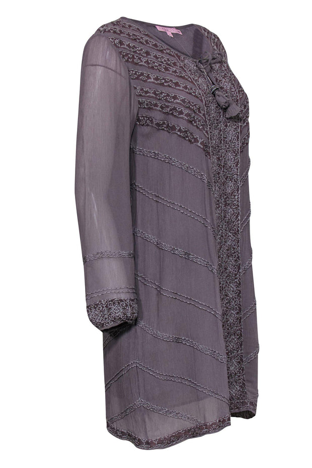 Current Boutique-Calypso - Gray Crinkled Silk Shift Dress w/ Beading Sz M