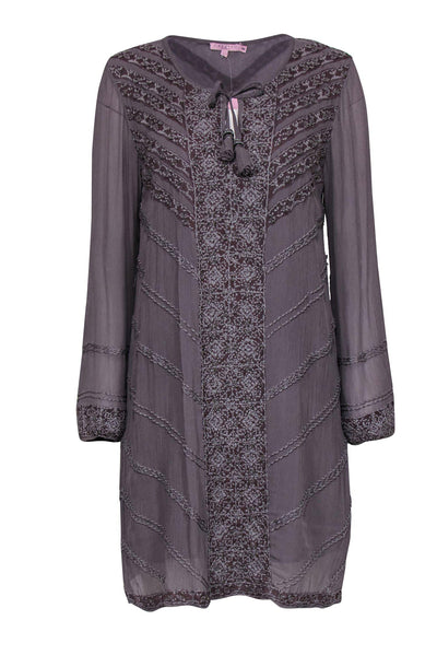 Current Boutique-Calypso - Gray Crinkled Silk Shift Dress w/ Beading Sz M