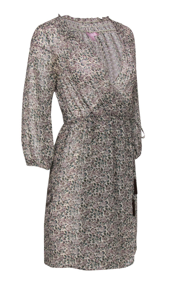 Current Boutique-Calypso - Green & Ivory Floral Print Long Sleeve Silk Wrap Dress w/ Tassels Sz XS