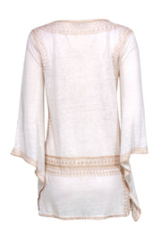 Current Boutique-Calypso - Ivory Flared Sleeve Linen Tunic w/ Gold Embroidery Sz XS