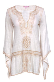 Current Boutique-Calypso - Ivory Flared Sleeve Linen Tunic w/ Gold Embroidery Sz XS