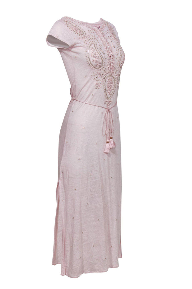 Current Boutique-Calypso - Light Pink Embroidered & Sequin Belted Linen "Dimitra" Maxi Dress Sz XS