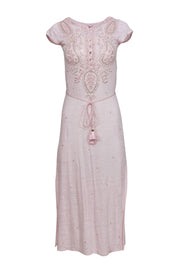 Current Boutique-Calypso - Light Pink Embroidered & Sequin Belted Linen "Dimitra" Maxi Dress Sz XS