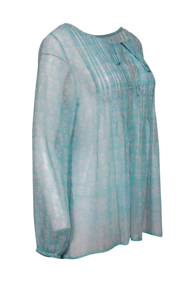 Current Boutique-Calypso - Mint Green Floral Print Long Sleeve Sheer Blouse Sz L