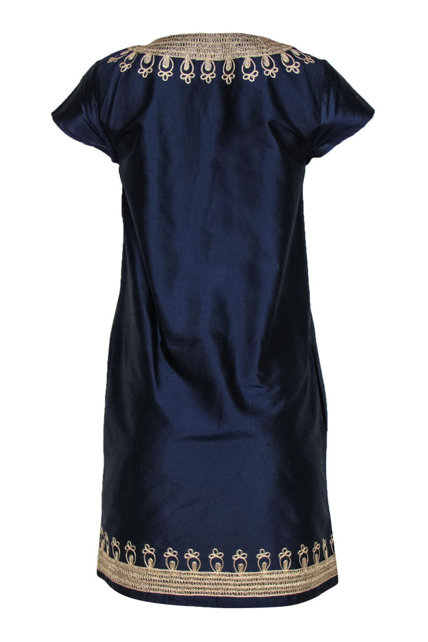 Current Boutique-Calypso - Navy Short Sleeve Silk Shift Dress w/ Gold Embroidery Sz S