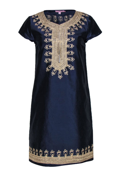 Current Boutique-Calypso - Navy Short Sleeve Silk Shift Dress w/ Gold Embroidery Sz S
