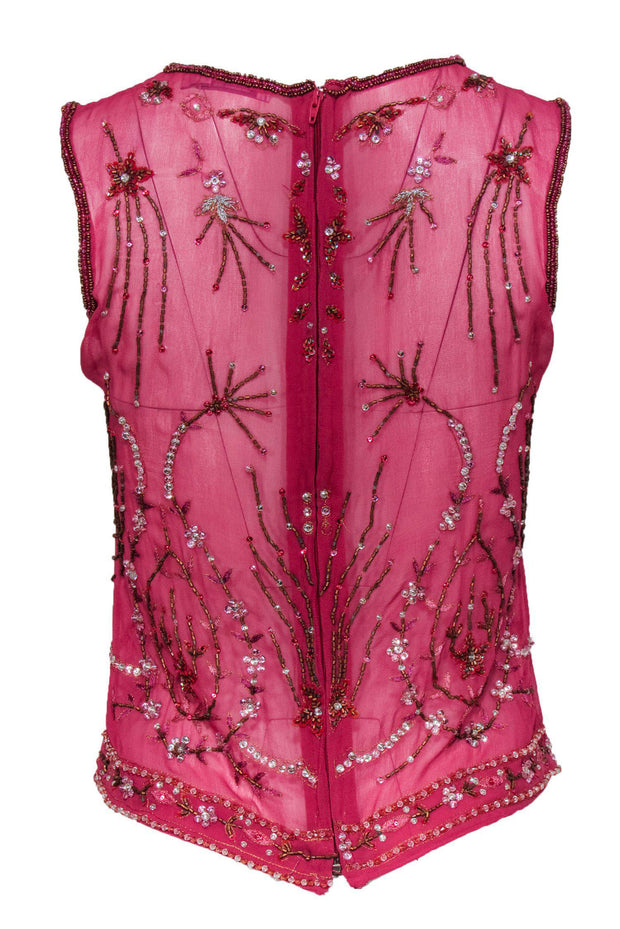 Current Boutique-Calypso - Pink Silk Tank w/ Floral Beading Sz XS