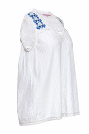 Current Boutique-Calypso - White Cotton Tank w/ Crochet & Blue Embroidery Sz XS