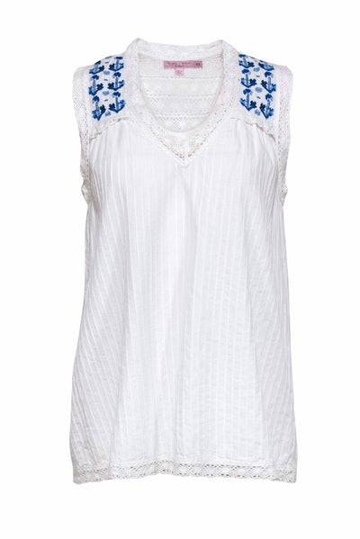 Current Boutique-Calypso - White Cotton Tank w/ Crochet & Blue Embroidery Sz XS