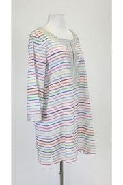 Current Boutique-Calypso - White Striped Tunic w/ Embroidered Neck Sz L