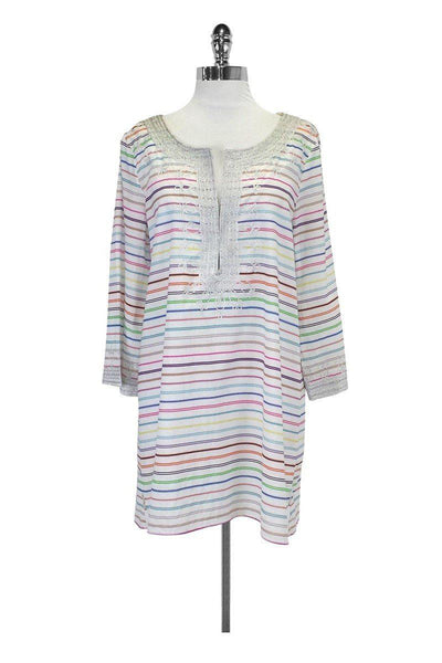 Current Boutique-Calypso - White Striped Tunic w/ Embroidered Neck Sz L