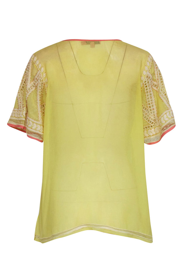 Current Boutique-Calypso - Yellow & Coral Crepe Silk Tunic w/ Embroidery & Beading Sz XS