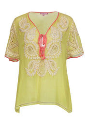 Current Boutique-Calypso - Yellow & Coral Crepe Silk Tunic w/ Embroidery & Beading Sz XS