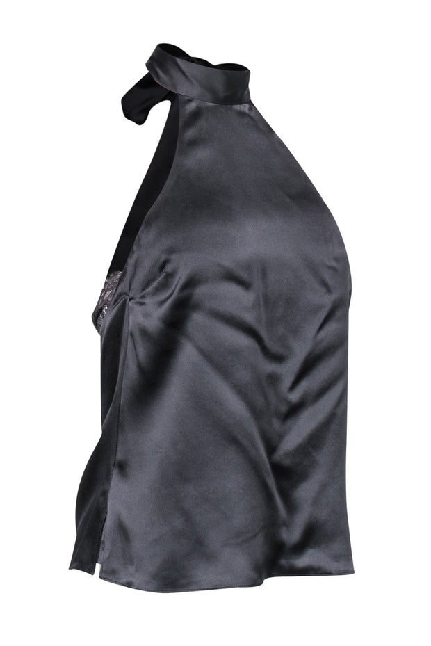 Current Boutique-Cami - Dark Grey Silk Halter Top w/ Lace Trim Sz S