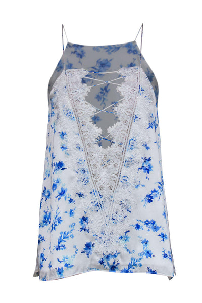 Current Boutique-Cami - White & Blue Floral Print Lace-Up Silk Tank w/ Lace Trim Sz M