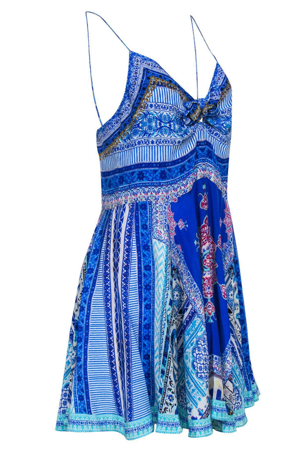 Current Boutique-Camilla - Blue Paisley Slip Dress w/ Knotted Front & Sequins Sz M