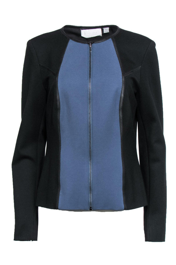 Current Boutique-Carlisle - Black & Blue Zip-Up Jacket w/ Leather Trim Sz 10