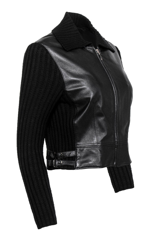 Current Boutique-Carlisle - Vintage Black Leather Zip-Up Jacket w/ Ribbed Wool Trim Sz S
